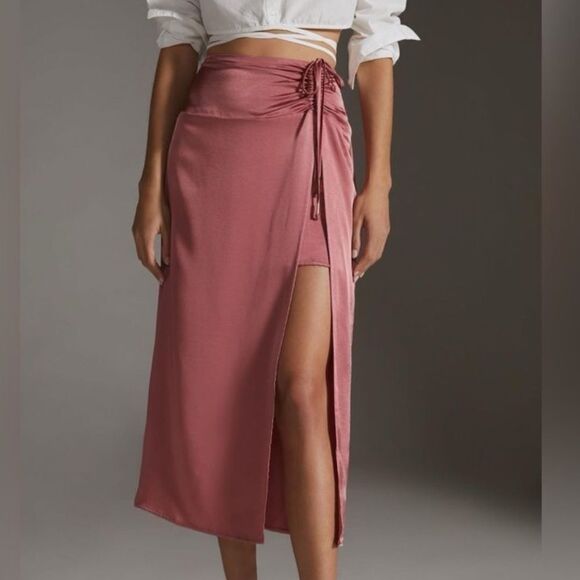 By Anthropologie Ruched Midi Skirt in Pink size 0 NWT - Picture 1 of 9